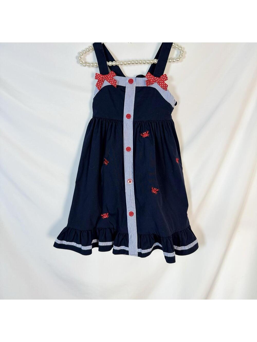 Goodlad Girls Embroidered Crabs Dress Blue With Red Bows Red Buttons Size 5Y